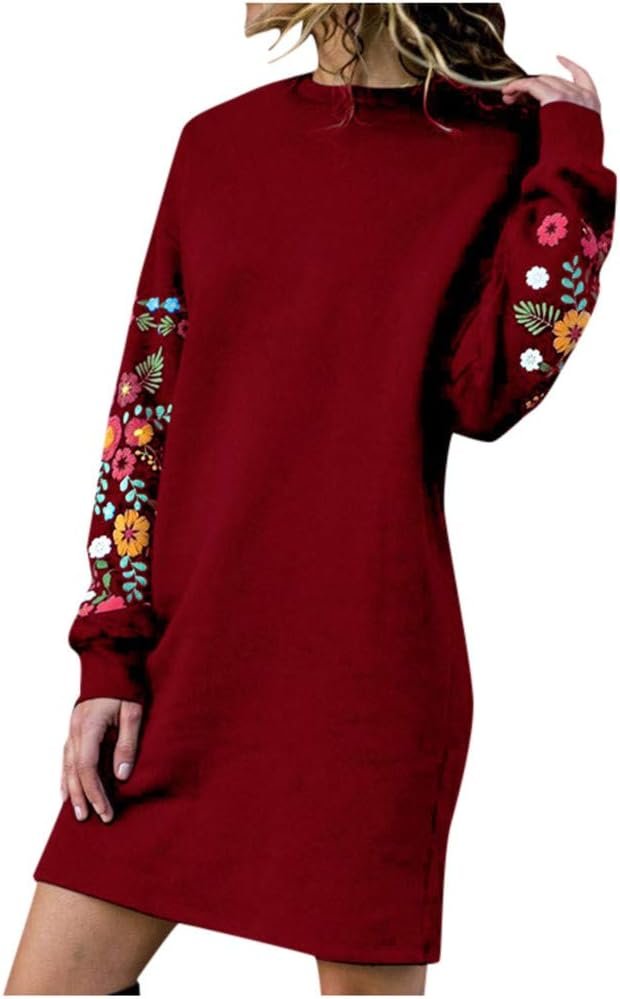Jumper Dress for Women UK Long Sleeve Midi Dresses Autumn Winter Casual Floral Embroidery Round Neck Sweatshirt Dress Ladies Comfy Plain Elegant Tunic Dresses