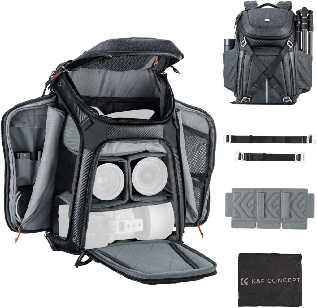 K&F Concept 25L Alpha Camera Backpack+Top Extension 1.5L, 3 Side Open, Detachable Buckle for Shoulder Bag/Backpack Switching, Holds 2 Camera, 4 Lenses, 15.6’’ Laptop for Professional Photographer