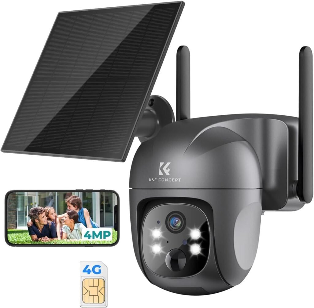 K&F Concept 4G LTE Security Camera Outdoor with SIM Card, 2.5K 4MP No WiFi Solar Powered Cameras Wireless 360° PTZ Camera, Color Night Vision, 2-Way Audio, PIR Motion Detection