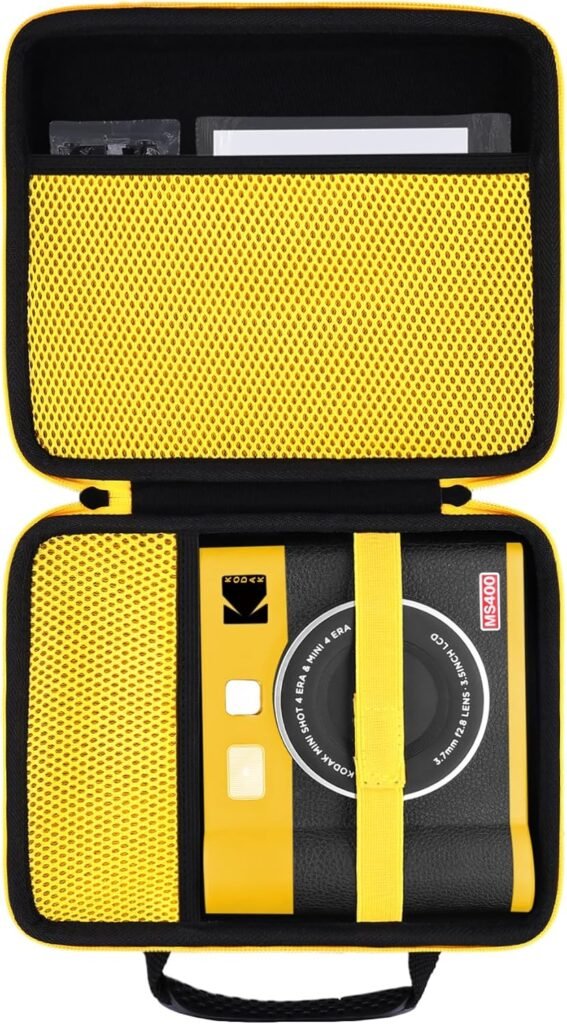 KODAK Mini Shot 4 ERA 4PASS 2-in-1 Instant Camera and Photo Printer Hard Travel Protective Carrying Case with Shoulder Strap by Khanka,Case Only,Black,Yellow Zipper