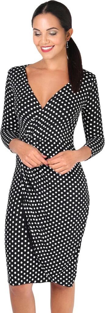 KRISP Women Polka Dot Wrap Long Sleeve Midi Dress V-Neck Spots Stretch Jersey Party Casual Going Out KRISP Women Polka Dot Wrap Long Sleeve Midi Dress V-Neck Spots Stretch Jersey Party Casual Going Out