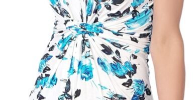 KRISP® Women Floral Printed Knee Lenght Dress Knot Front Gathered V-Neck Front Stretch