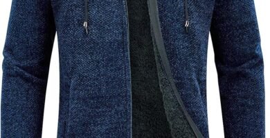 KUDORO Mens Knitted Cardigan Thick Hooded Sweater Jumper Full Front Zipper Warmth Winter Fleece Coat Long Sleeve Mid-Length Causal Sweaters for Men