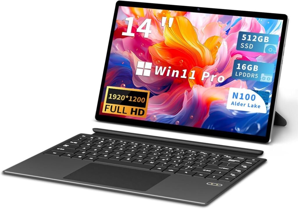 KUMNOSAL 2 in 1 Laptop, IPS Touchscreen 14″ Laptop, N100 PC Laptop Laptop Computers 16GB LPDDR5 ROM 512GB M.2 SSD RAM, Win11 Pro Notebook PC, BT5.2, WiFi6, Type C, Tablet PC(with BT Keyboard)