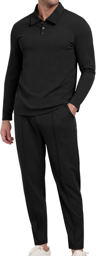 KUYIGO Men’s Tracksuits Polo 2 Piece Outfits Long Sleeve Pullover Tracksuit Set Sweatshirt and Joggers Waffle Tops Bottoms Casual Sport Activewear Golf Suit