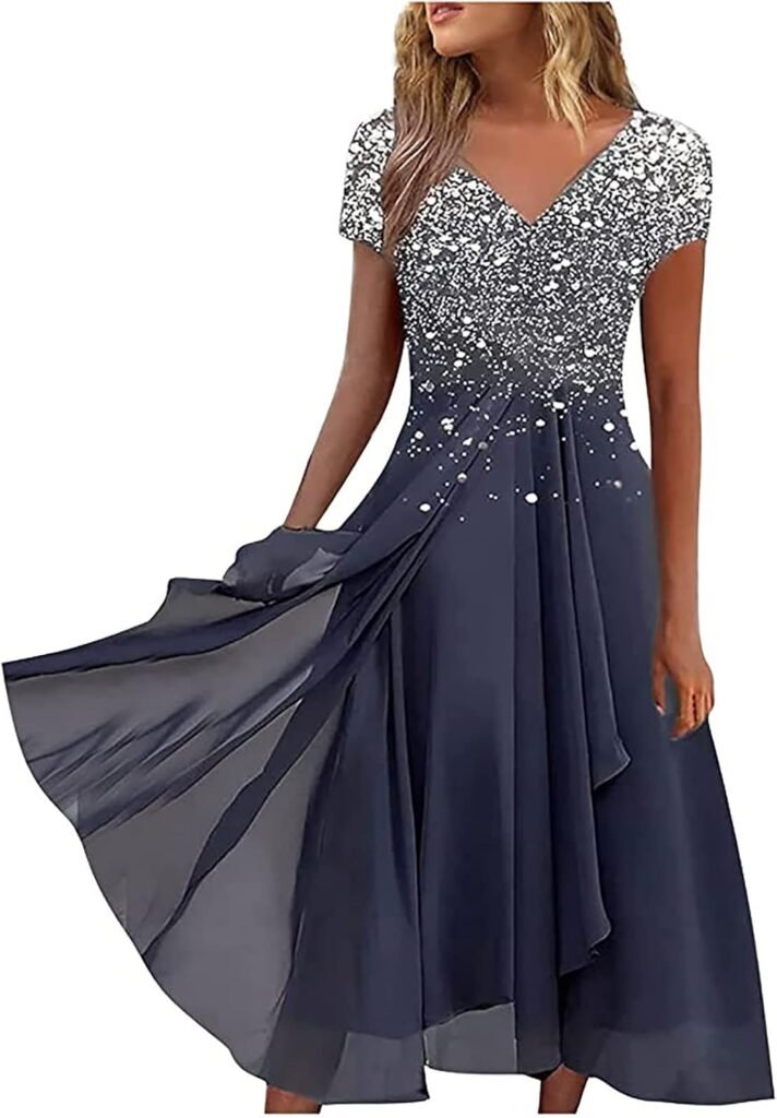 Keepink Wedding Guest Dresses for Women UK Short Sleeve Wrap Dress Chiffon Empire Waist A Line Dress Bridesmaid Dresses Occasion Evening Dress Plus Size Summer Dresses 8-22 UK Sale