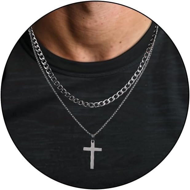 Kenivira 2Pcs Men’s Necklaces Stainless Steel Cross Necklace for Men Cross Pendant Necklace Silver/Gold/Black Cuban Chain Necklace Jewelry Gifts for Men