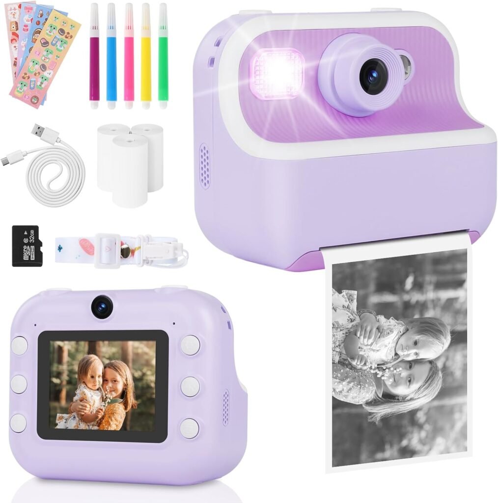 Kids Camera, Dual Camera Kids Camera Instant Print for Girls Boys With Print Photo Paper & Color Pens for DIY, Gifts for 3 4 5 6 7 8 9 10 Year Olds Girls Boys, 32Gb Sd Card – Purple