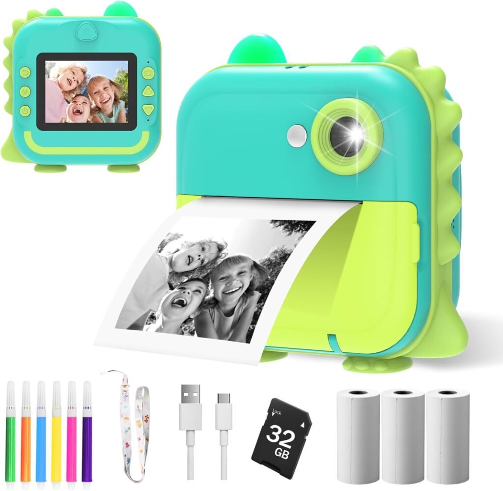 Kids Camera Instant Print, 1080p Hd Camera for Kids with Diy Color Pens, Kids Instant Print Camera with 32g Sd Card & Print Photo Paper, Christmas Birthday Gifts for 3 4 5 6 7 8 9+ Year Old Girls