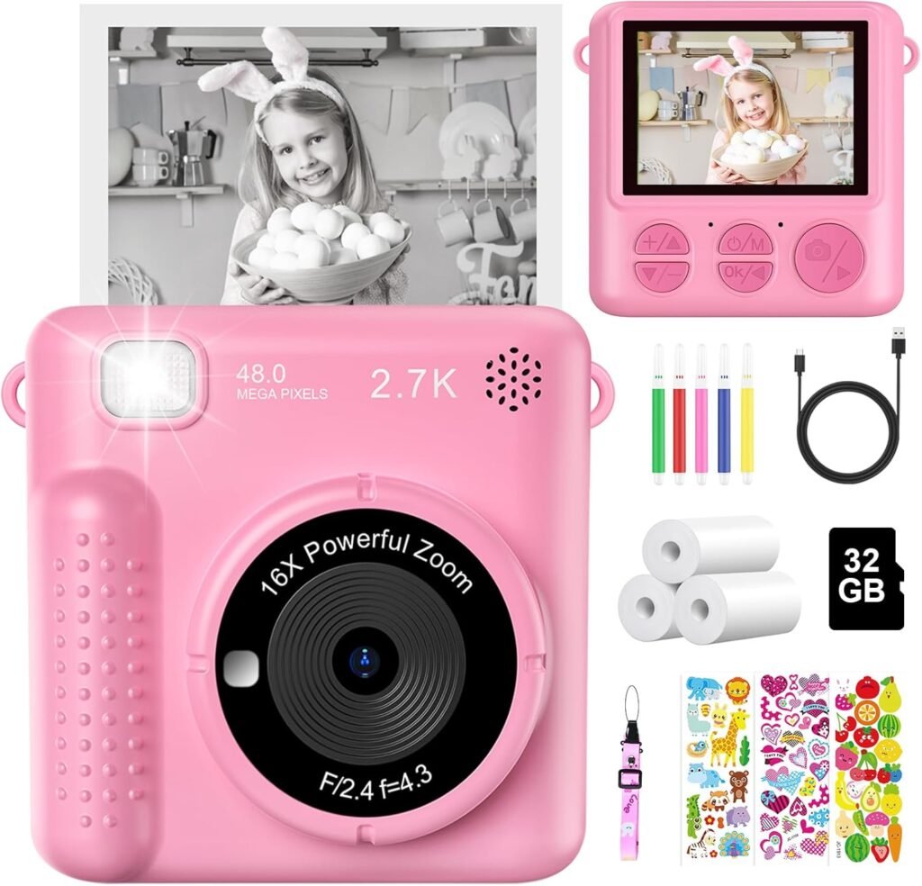 Kids Camera Instant Print, 2.4” 1080P HD Digital Camera for Kids with Print Paper & 32G Card, Photo Creator Instant Camera Toys, Kids Birthday Gifts Presents for 3 4 5 6 7 8 9 10 Year Old Boys Girls