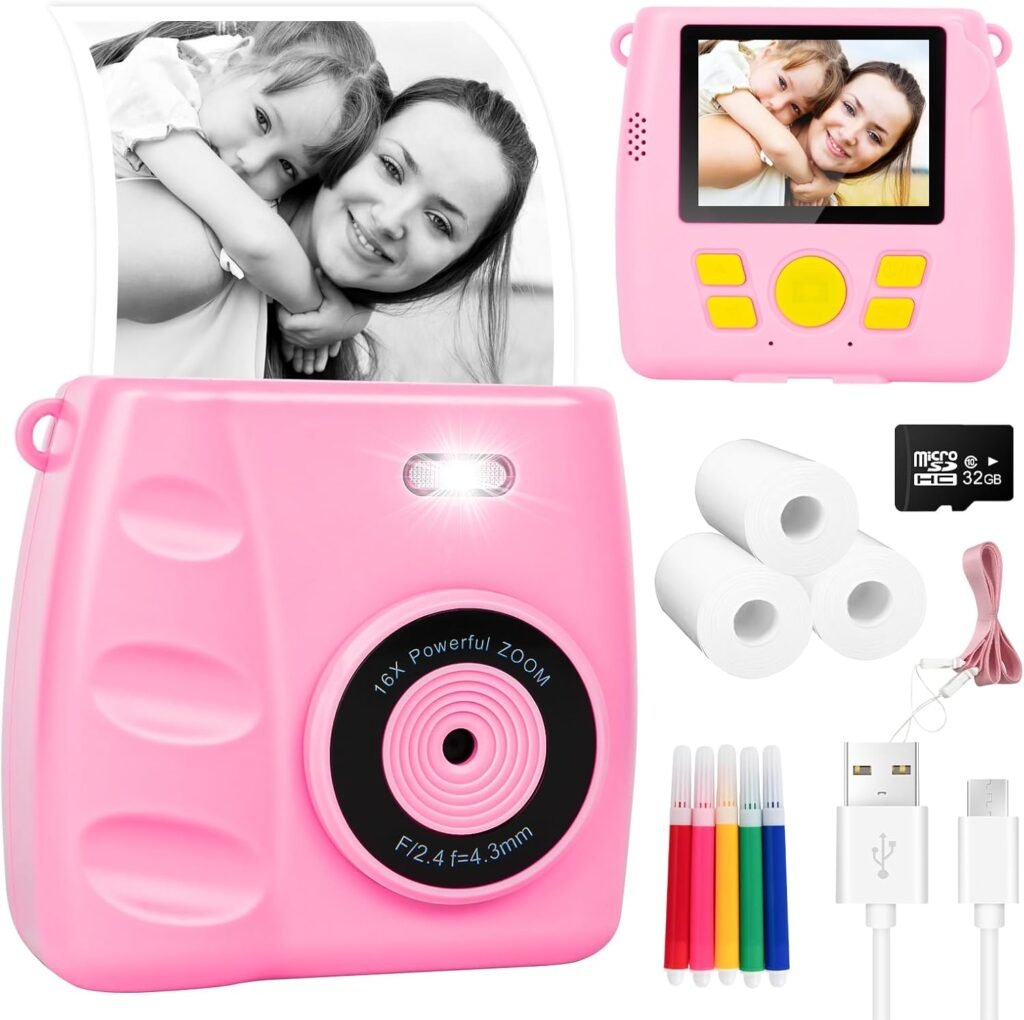 Kids Camera Instant Print – 2.4″ 1080P Instant Camera for Kids with 32G Card &3 Rolls Print Photo Paper, Kids Digital Camera,Christmas Birthday Toys Gifts for Boys Girls Age 3-12 (Pink)