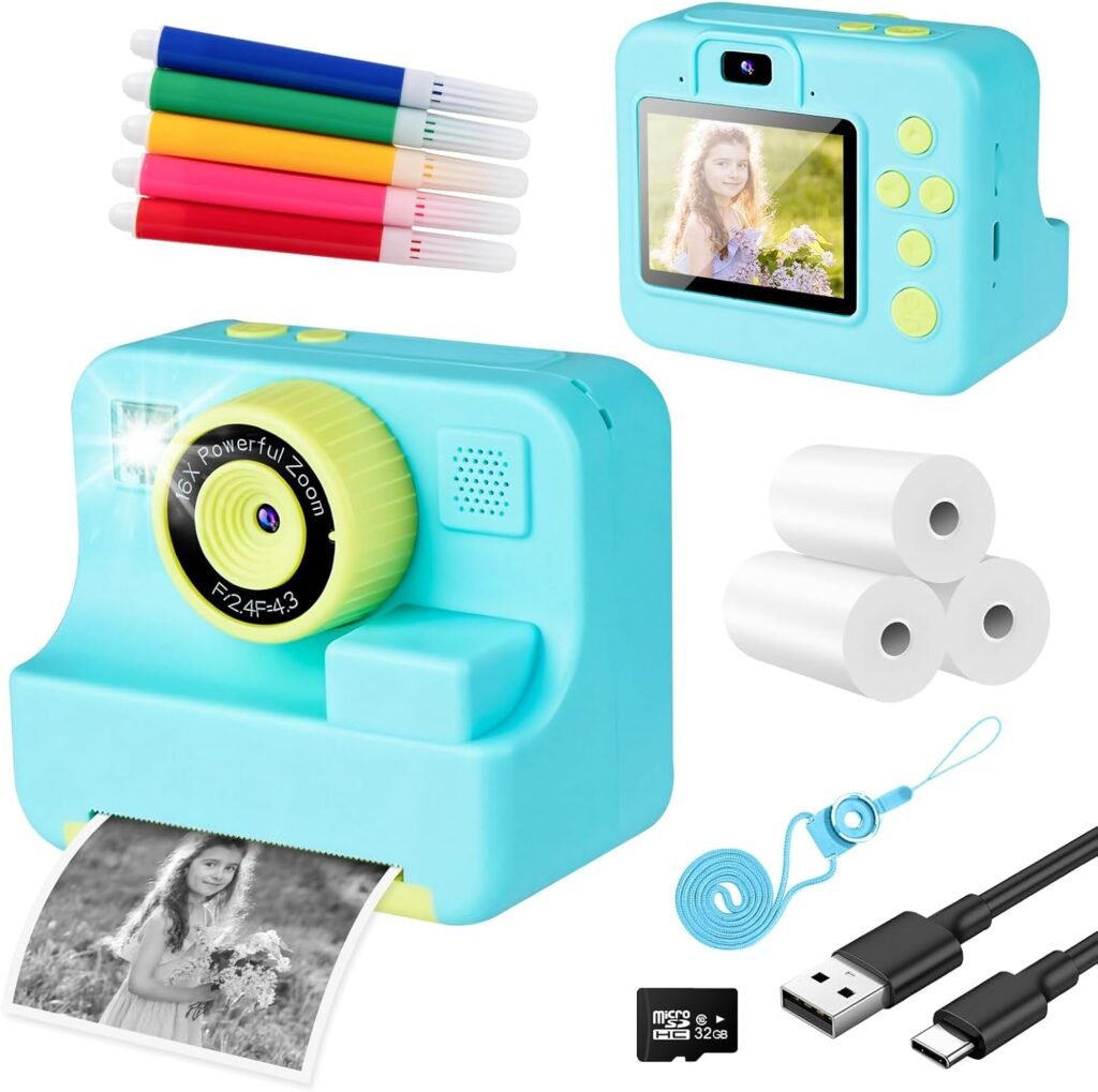 Kids Camera Instant Print – 2.4’‘ Instant Camera for Kids with 32G Card & Print Photo Paper, 1080P HD Selfie Video Camera Toddler Toy, Christmas Birthday Gifts for Boys Girls Age 3-12 (Blue)