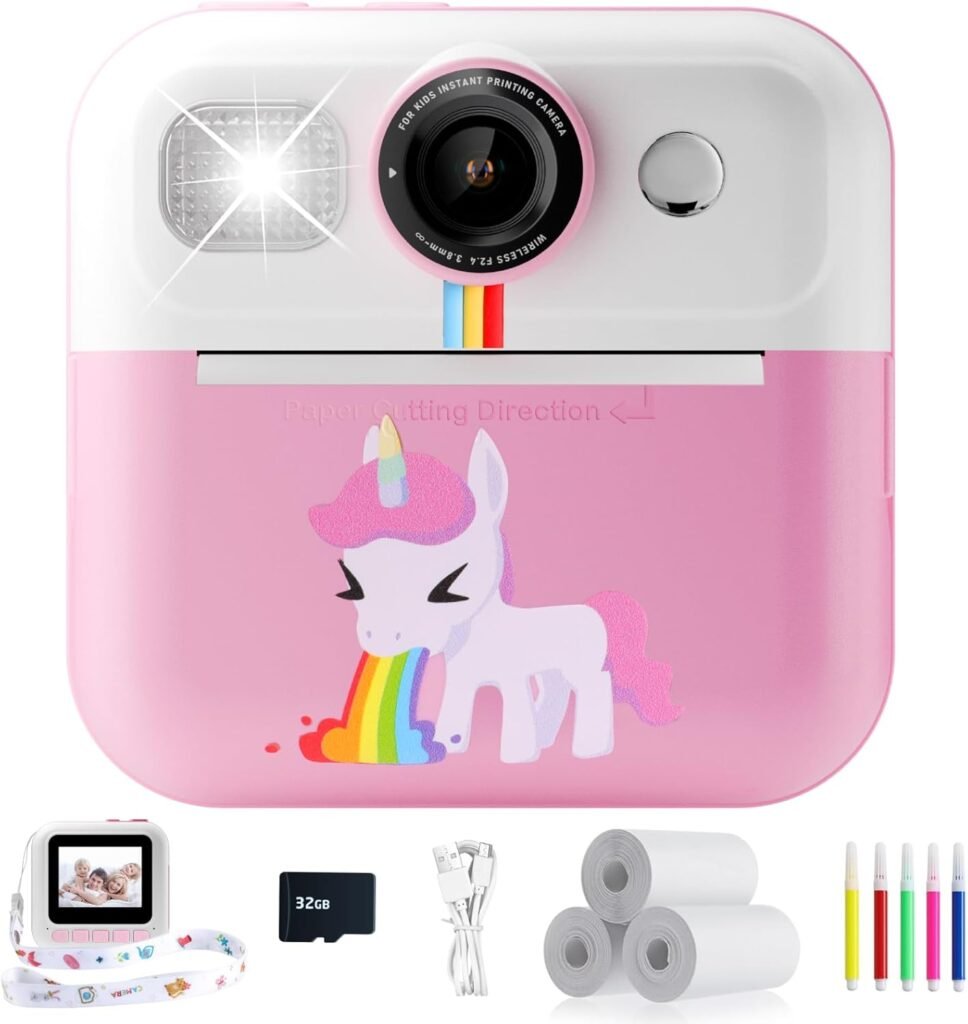 Kids Camera, Instant Print Camera for 3-12 Year Old Girls, Digital Selfie Camera for Kids, Children Camera Toys with 32GB Card 1080P, Christmas Birthday Gifts for Age 3 4 5 6 7 8 9 Years Old Girls