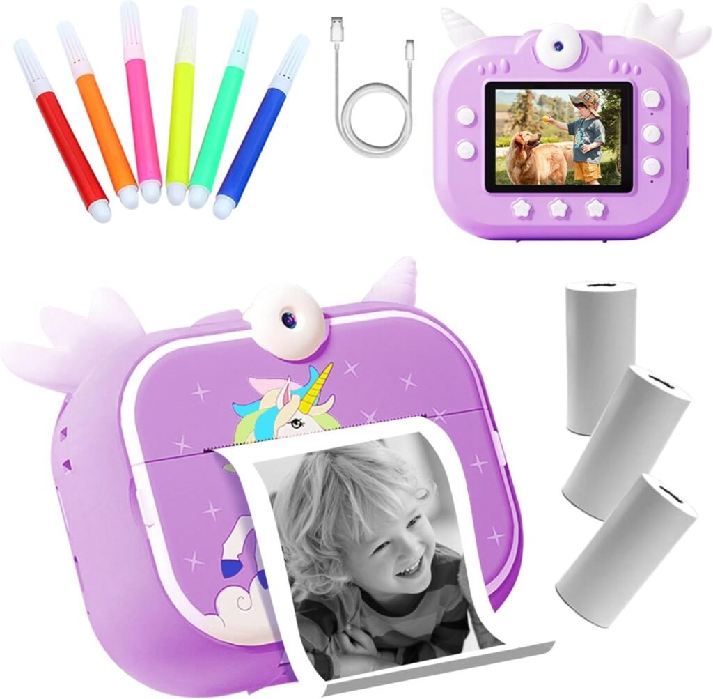 Kids Camera Instant Print, Girls & Boys Zero ink Print Photo Selfies Video Digital Camera with Photo Paper Print Rolls, 16GB Micro SD Card, Birthday, (Purple)