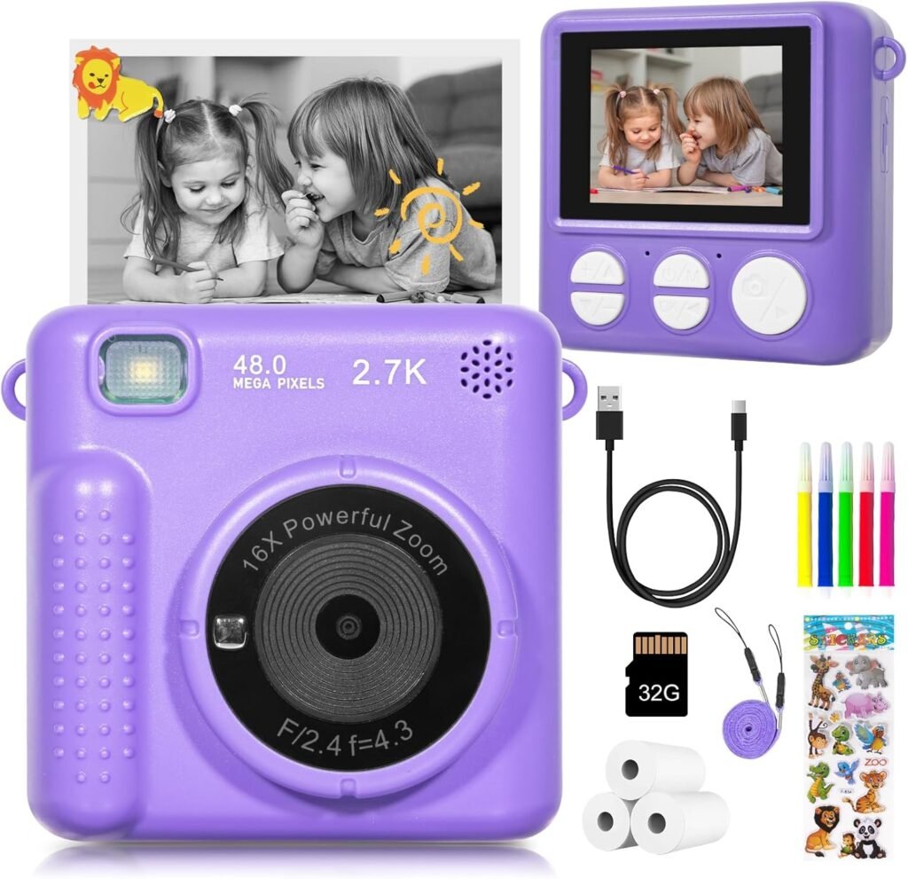 Kids Camera Instant Print, HD Digital Camera for Girls Boys, Birthday Gift Video Recorder Cameras with Color Pens for DIY, 3 Rolls Print Paper & 32GB SD Card, Photo Creator Instant Camera Purple