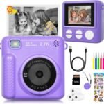 Kids Camera Instant Print, HD Digital Camera for Girls Boys, Birthday Gift Video Recorder Cameras with Color Pens for DIY, 3 Rolls Print Paper & 32GB SD Card, Photo Creator Instant Camera Purple