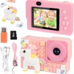 Kids Camera for Boys&Girls with Building Blocks, Toddler Camera with 32GB SD Card for Ages 6-12 Years,2.4-inch 1080P HD Digital Video Camera, Christmas Birthday Festival Gifts (Building Blocks, Pink)