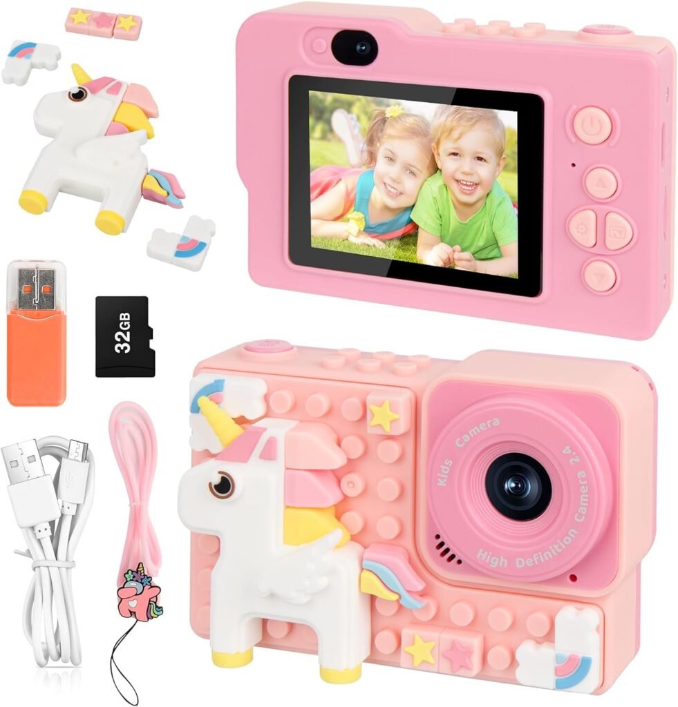 Kids Camera for Boys&Girls with Building Blocks, Toddler Camera with 32GB SD Card for Ages 6-12 Years,2.4-inch 1080P HD Digital Video Camera, Christmas Birthday Festival Gifts (Building Blocks, Pink)