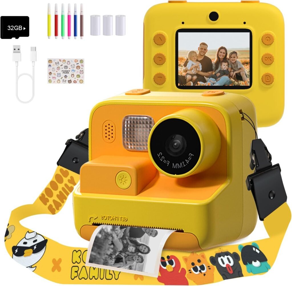 Kids Camera,Mafiti Kids Camera Instant Print 2.0 Inch 1080P HD Screen,Selfie Kids Digital Camera 48MP for Girls Boys Gifts with 32GB SD Card,3 Rolls of Printing Paper,6 Colored Pens