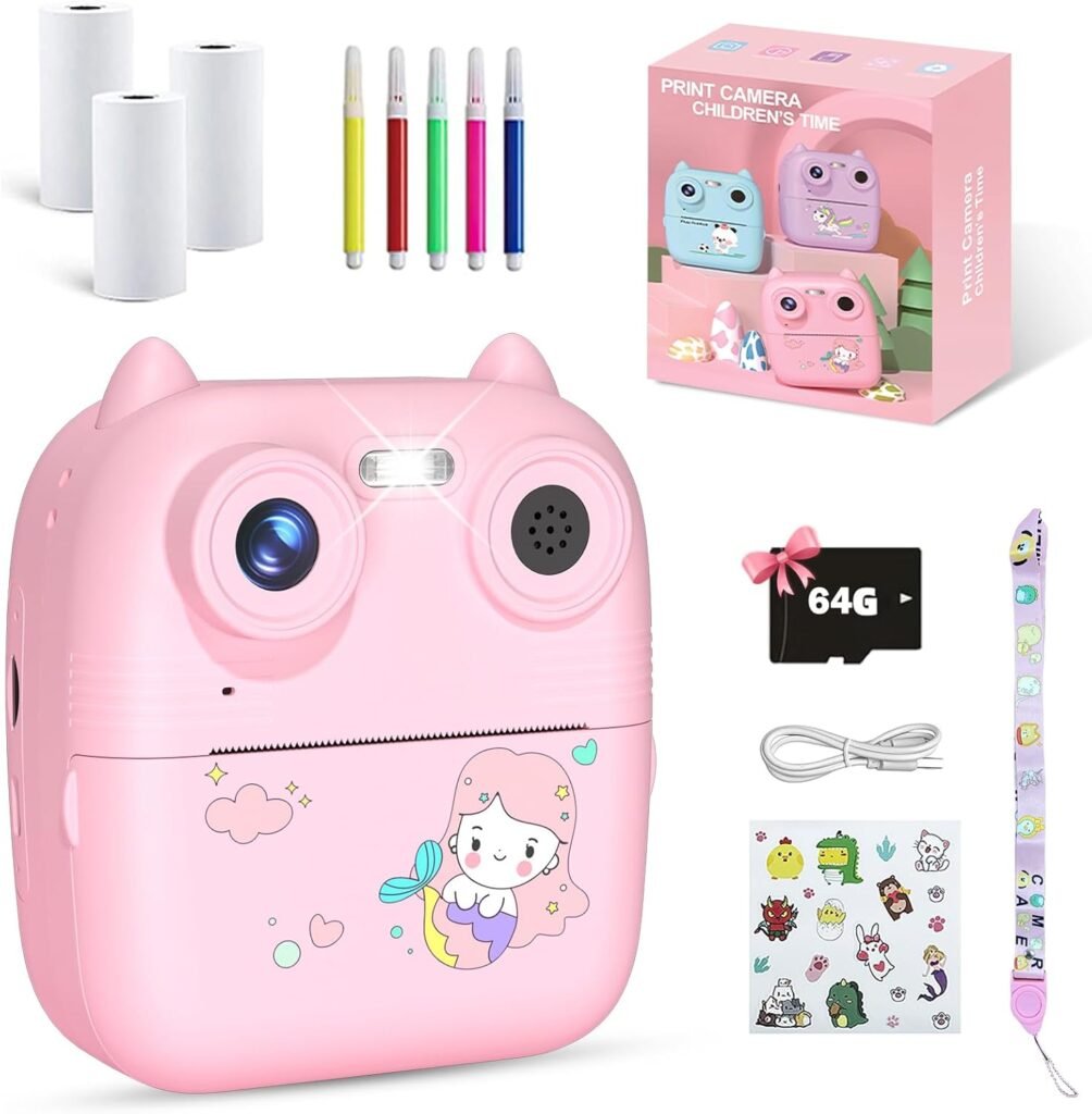 Kids Digital Camera for Girls Boys – 2.5K UHD Instant Print Kids Camera with 64G SD Card & Print Photo Paper, 2.4″ Screen Selfie Video Recording Camera Toy, Rechargeable