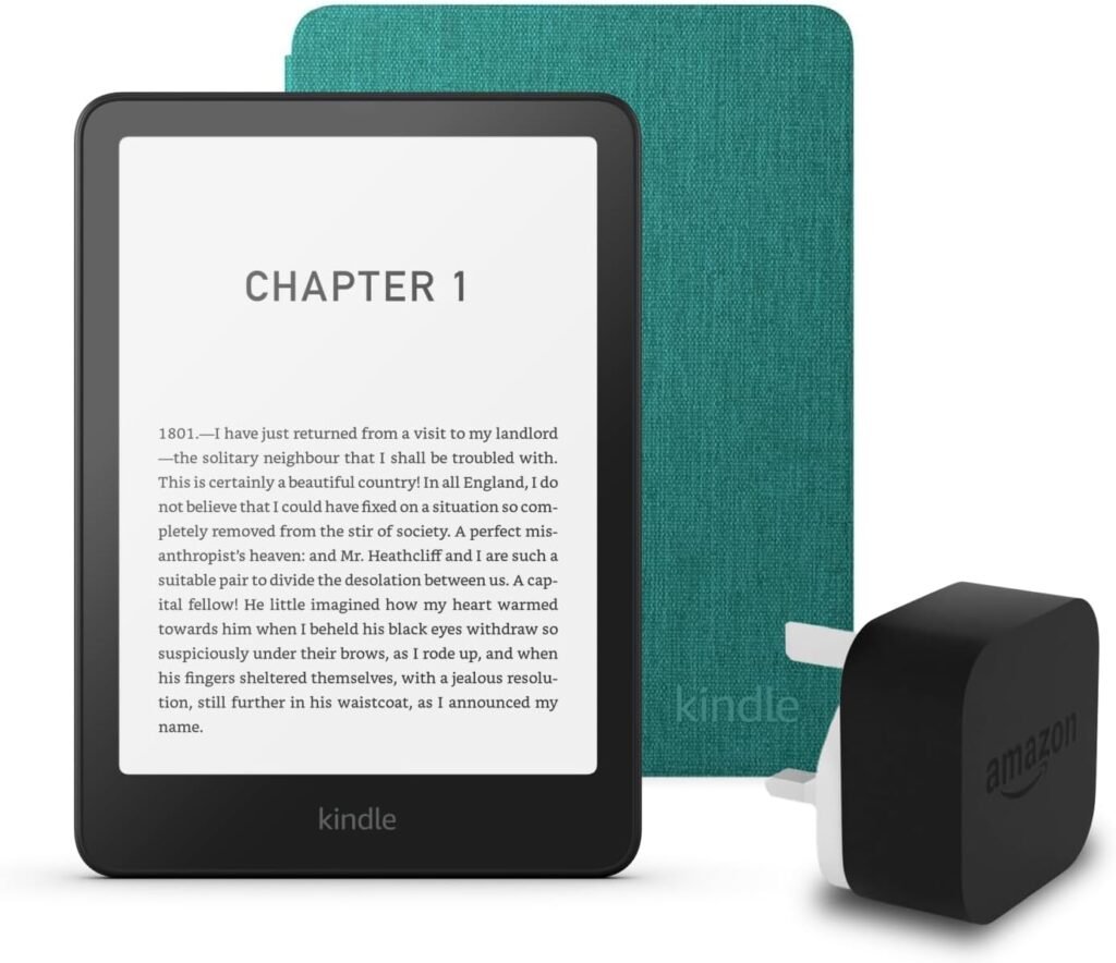 Kindle Paperwhite (2024 Release) 16 GB without ads, an Amazon Fabric Cover and an Amazon Powerfast 9W Power Adapter