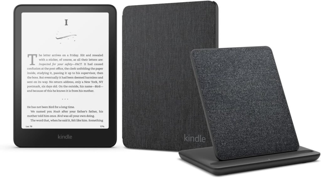 Kindle Paperwhite Signature Edition (2024 Release) 32 GB without ads, an Amazon Fabric Cover and a Made for Amazon Wireless Charging Dock