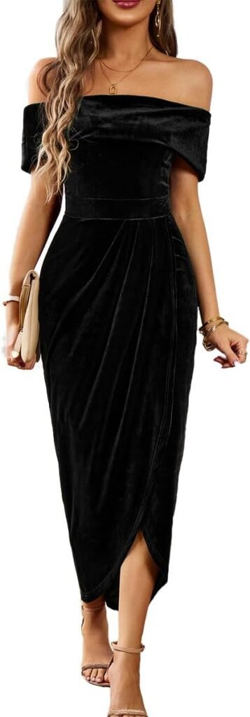 Kuukaas Women’s Off Shoulder Velvet Dress Ruched Bodycon Maxi Dress Sleeveless for Party Cocktail