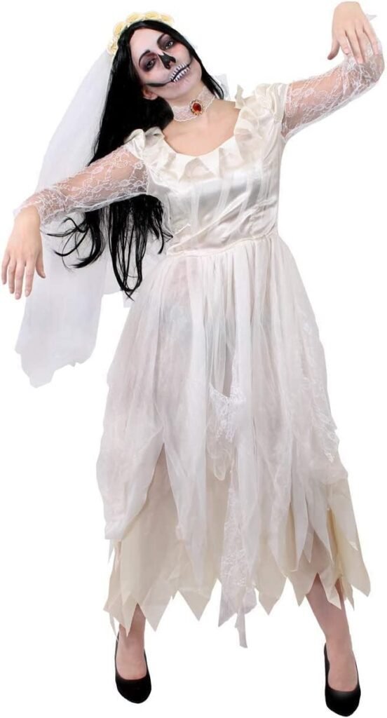 LADIES GHOST BRIDE FANCY DRESS COSTUME – HALLOWEEN CORPSE BRIDE COSTUME RAGGED WHITE WEDDING DRESS – PERFECT FOR HALLOWEEN OR HORROR THEMED PARTIES