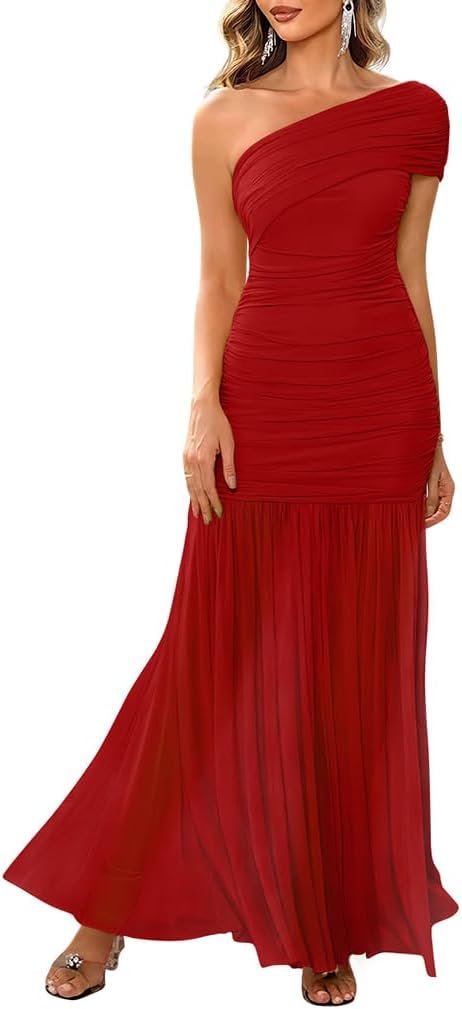 LAGSHIAN Women’s Elegant Formal Long Dress One Shoulder Sleeveless Ruched Bodycon Evening Dress