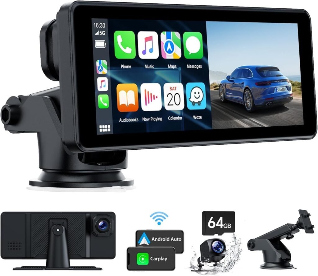 LAMTTO Portable Car Stereo for Wireless Carplay with 2.5K Dash Cam Front and Rear, 6.86” Touch Screen Car Play with Android Auto,Mirror Link,GPS Navigation,1080p Backup Camera,Loop Recording