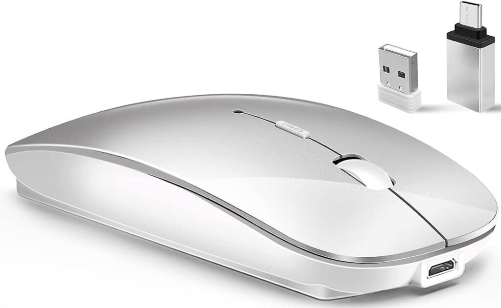 LEAPEST Wireless Bluetooth Mouse for MacBook Pro/Air/Mac/iPad/Laptop/Desktop/Mac/PC/Computer/Phone-Portable Slim Silent Office Mice with USB-C Adapter 2.4 GHz USB Mice (WhiteSilver)