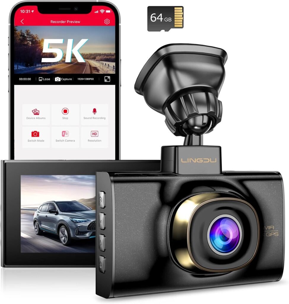 LINGDU Dash Cam 5K with Voice Control, 5G WiFi, GPS, Parking Monitor, 3″ IPS Screen, 170 Wide Angle, Night Vision, Bump Detection, Loop Recording, G-sensor, 64G Card Dual Dash Camera(LD02)