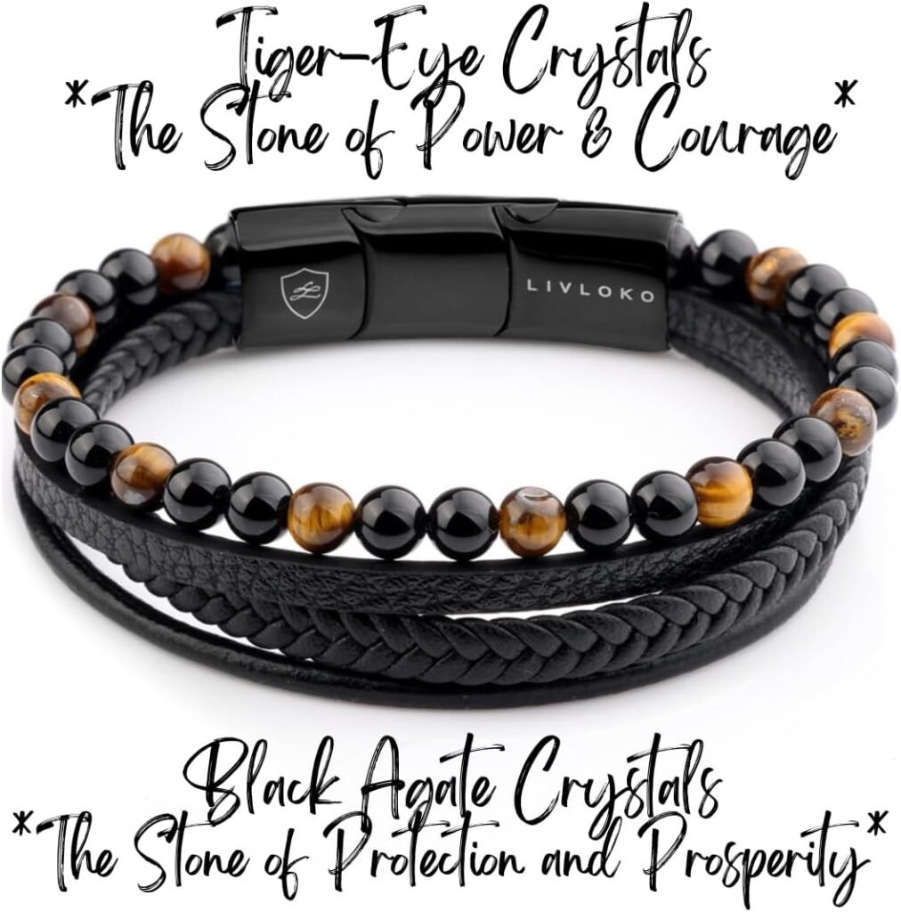 LIVLOKO Mens Bracelet Leather Black Multi-Layer Bracelet for Men Magnetic Clasp Rope Wristband Mens Gift for Boyfriend