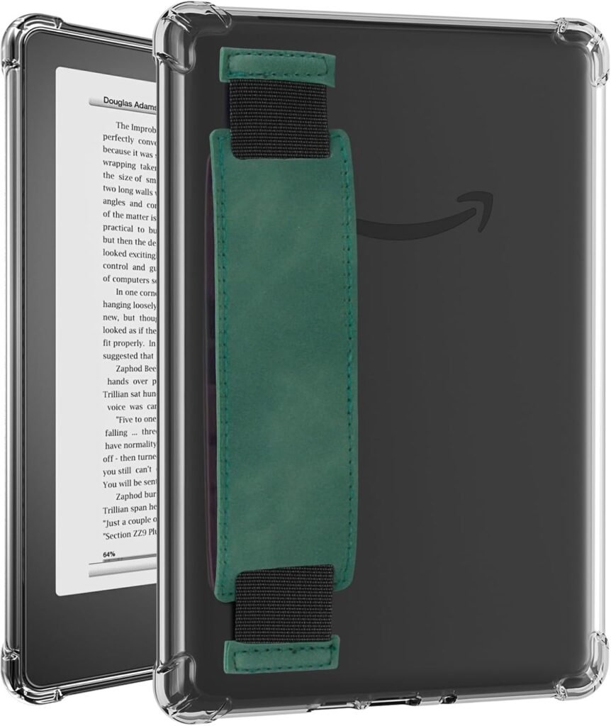 LKV Clear Case for Kindle Paperwhite 6.8″(11th Generation-2021) and Kindle Paperwhite Signature Edition, Ultra Soft Flexible Transparent TPU Skin Bumper Back Cover Shell with Hand Strap-Green