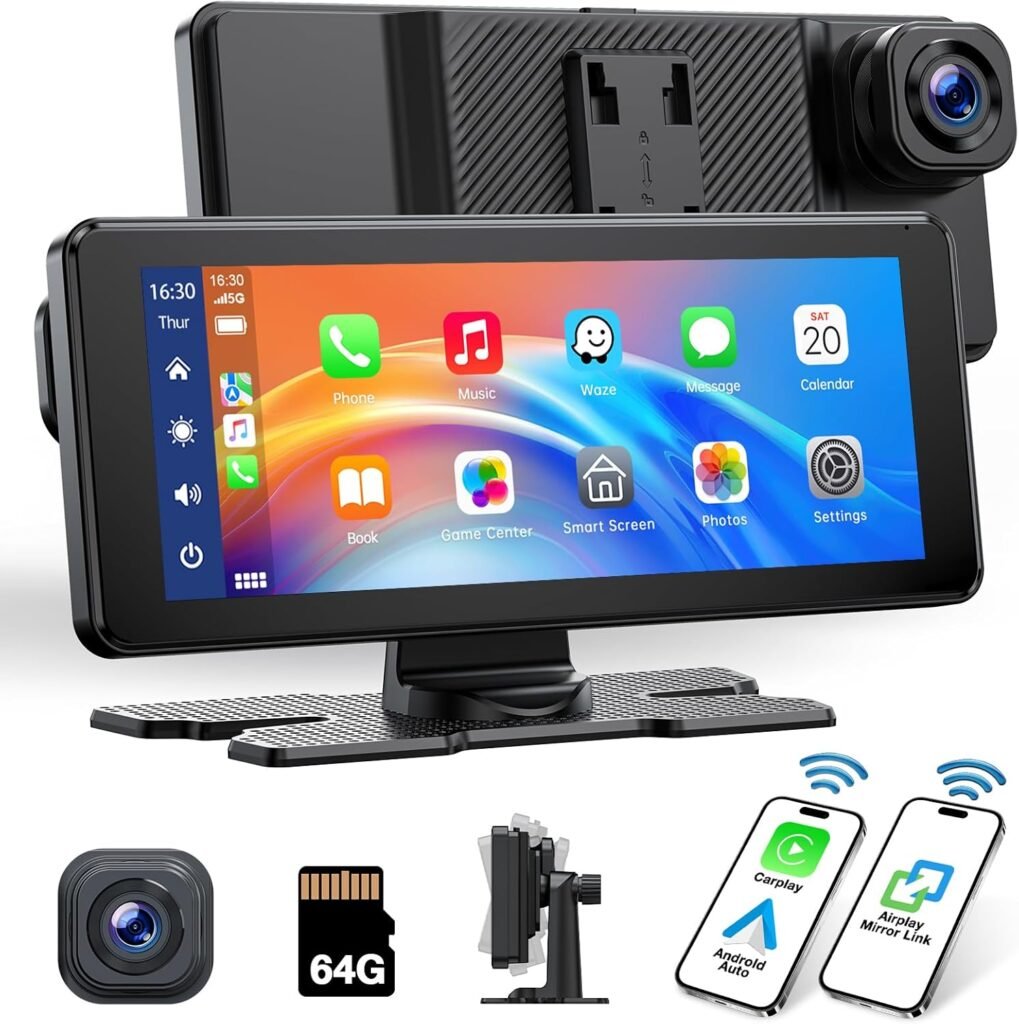 Lamto 6.86″ Wireless Carplay and Android Auto 2.5K Dash Cam Front Camera Touch Screen Portable Car Stereo Map Navigation with Mirror Link/Siri/FM/Bluetooth 5.0/DVR Loop Recording