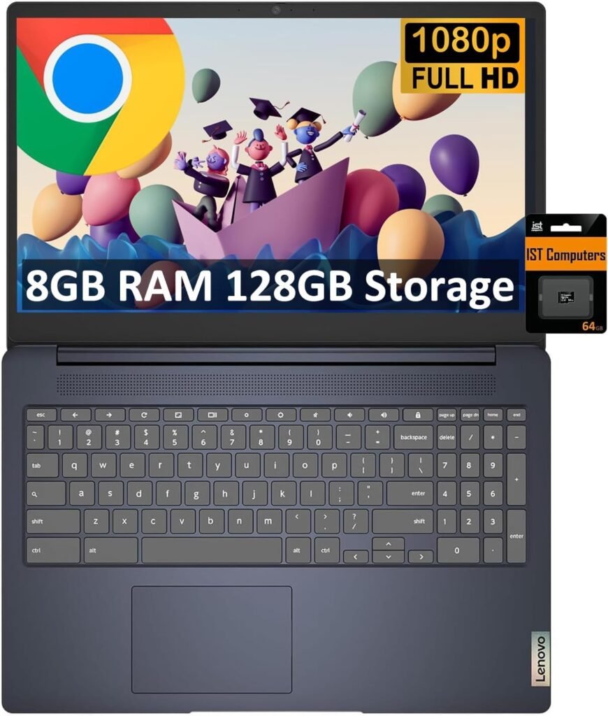 Lenovo Chromebook 15 Ideapad 3i (15.6″ FHD, 8GB RAM, 128GB Storage (64GB eMMC + 64GB SD Card), Intel Celeron), Home & Student Laptop, Numeric KB, Webcam, 10-Hr Long Battery Life, Chrome OS, Abyss Blue