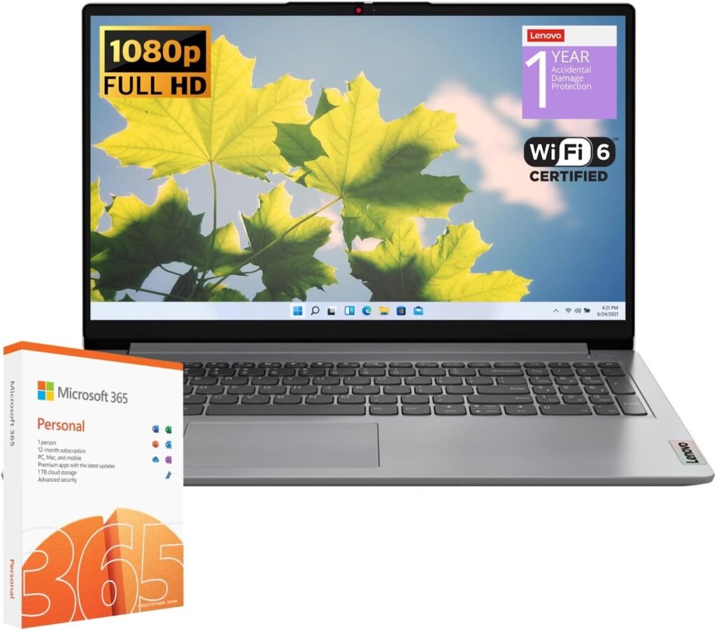Lenovo IdeaPad 1 Student Laptop, Intel Dual Core Processor, 12GB RAM, 512GB SSD + 128GB eMMC, 15.6″ FHD Display, 1 Year Office 365, Windows 11 Home, Wi-Fi 6, Webcam, Bluetooth, SD Card Reader, Grey
