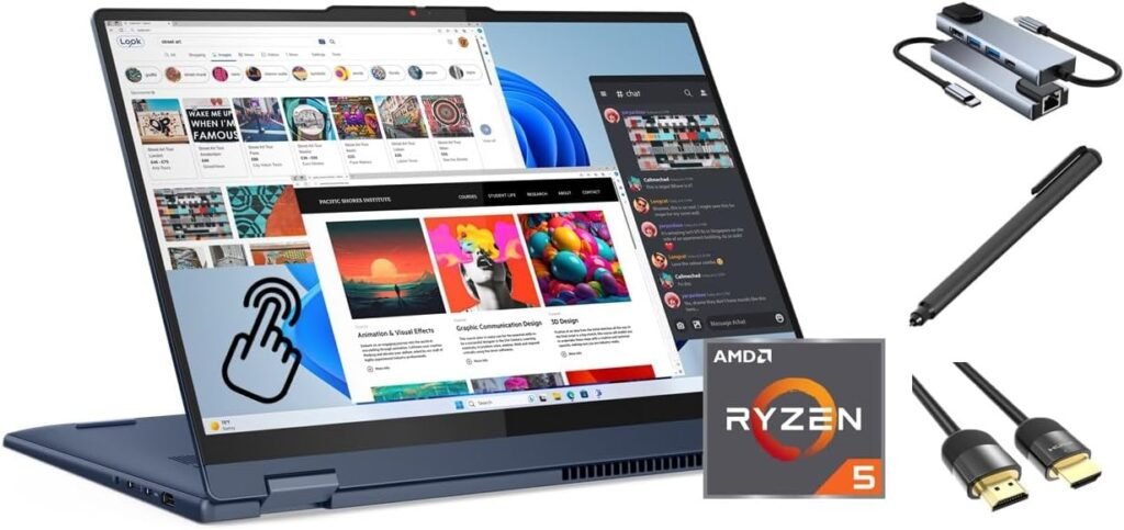 Lenovo IdeaPad 5 2-in-1 Laptop, 16″ WUXGA TouchScreen, Ryzen 5 8645HS, 16GB DDR5, 1TB PCIe SSD, WiFi 6, Backlit KB, FP Reader, Keypad, Type-C/DP, US Version KB, 3-in-1 Essential Bundle, Win 11 Pro Lenovo IdeaPad 5 2-in-1 Laptop, 16″ WUXGA TouchScreen, Ryzen 5 8645HS, 16GB DDR5, 1TB PCIe SSD, WiFi 6, Backlit KB, FP Reader, Keypad, Type-C/DP, US Version KB, 3-in-1 Essential Bundle, Win 11 Pro