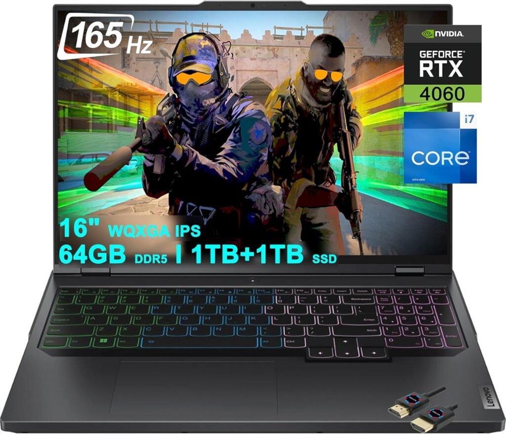 Lenovo legion Pro 5i Gaming Laptop | 16″ WQXGA 165Hz 100% sRGB | 13th Gen Intel 16-Core i7-13700HX | 64GB DDR5 1TB+1TB SSD | GeForce RTX4060 8GB | RGB Backlit Fast Charging Win11 + HDMI Cable