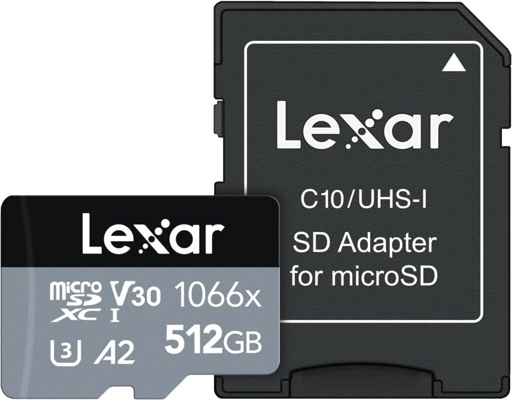 Lexar 512GB Professional 1066x micro SD Card w/SD Adapter, UHS-I, U3, V30, A2, Full HD, 4K, Up to 160/120 MB/s, for Action Cameras, Drones, Smartphones, Tablets, Nintendo-Switch (LMS1066512G-BNANU)