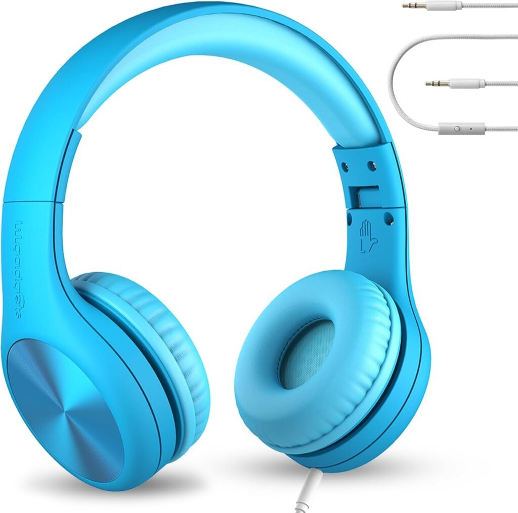 LilGadgets Connect+ Pro Kids Noise Cancelling Headphones – Designed With Kids’ Comfort In Mind, Foldable Over-Ear Headset With In-Line Microphone, Headphones Wired, Kids Headphones For School, Blue