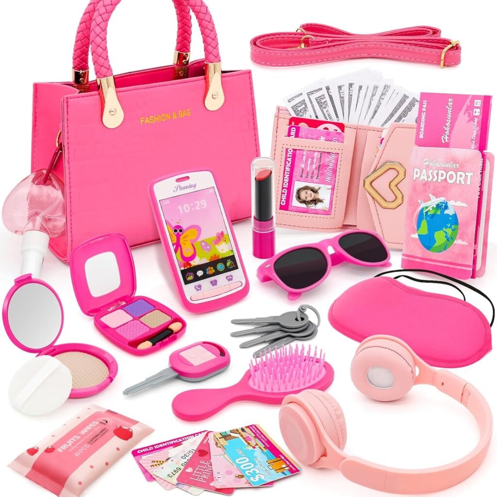 Little Girl Purse with Pretend Makeup for Toddlers, 49PCS Kids Play Purse Set – Princess Toy Accessories, Pretend Play Headset Wallet Phones Sunglasses Keys Credit Cards Birthday Gift for Girls Age 3+