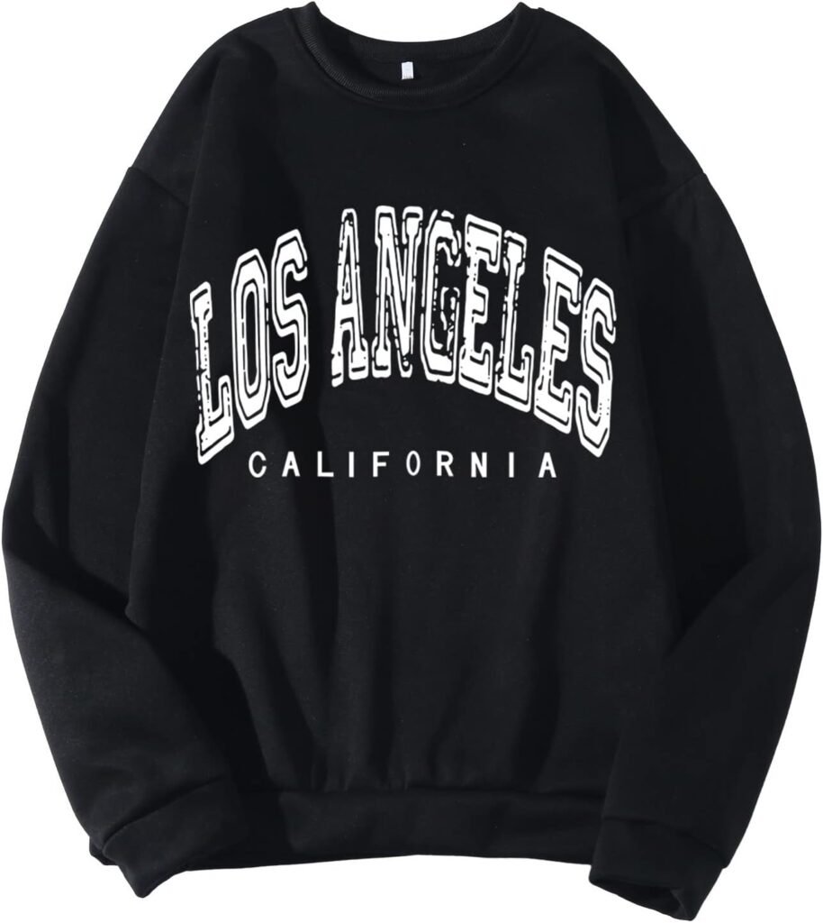 Los Angeles California Sweatshirts for Men Crewneck College Hoodies Solid Drop Shoulder Cool Outfits Crew Neck Sport Long Sleeve Gothic Letter Printed Tops Preppy Workou Y2K Fashion