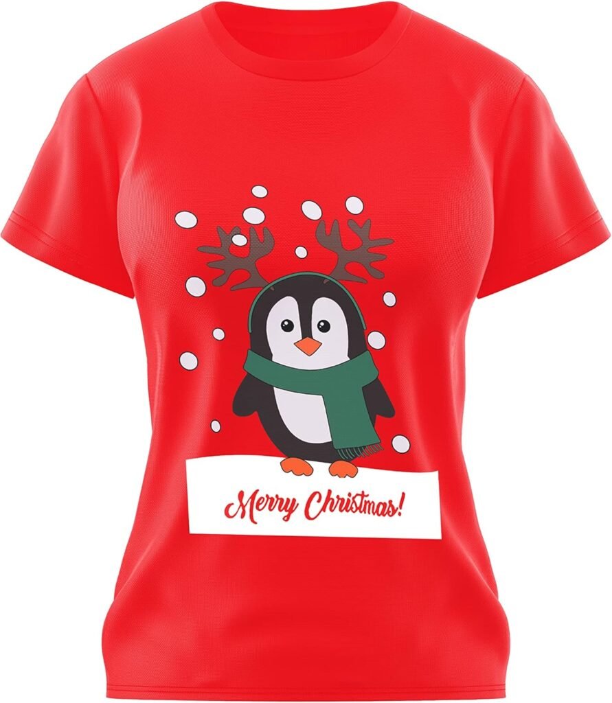 Love My Fashions Women Merry Christmas T-Shirt – Novelty Funny Xmas Top with Snowman, Santa & Reindeer Prints, Crew Neck, Short Sleeve Shirt for Women