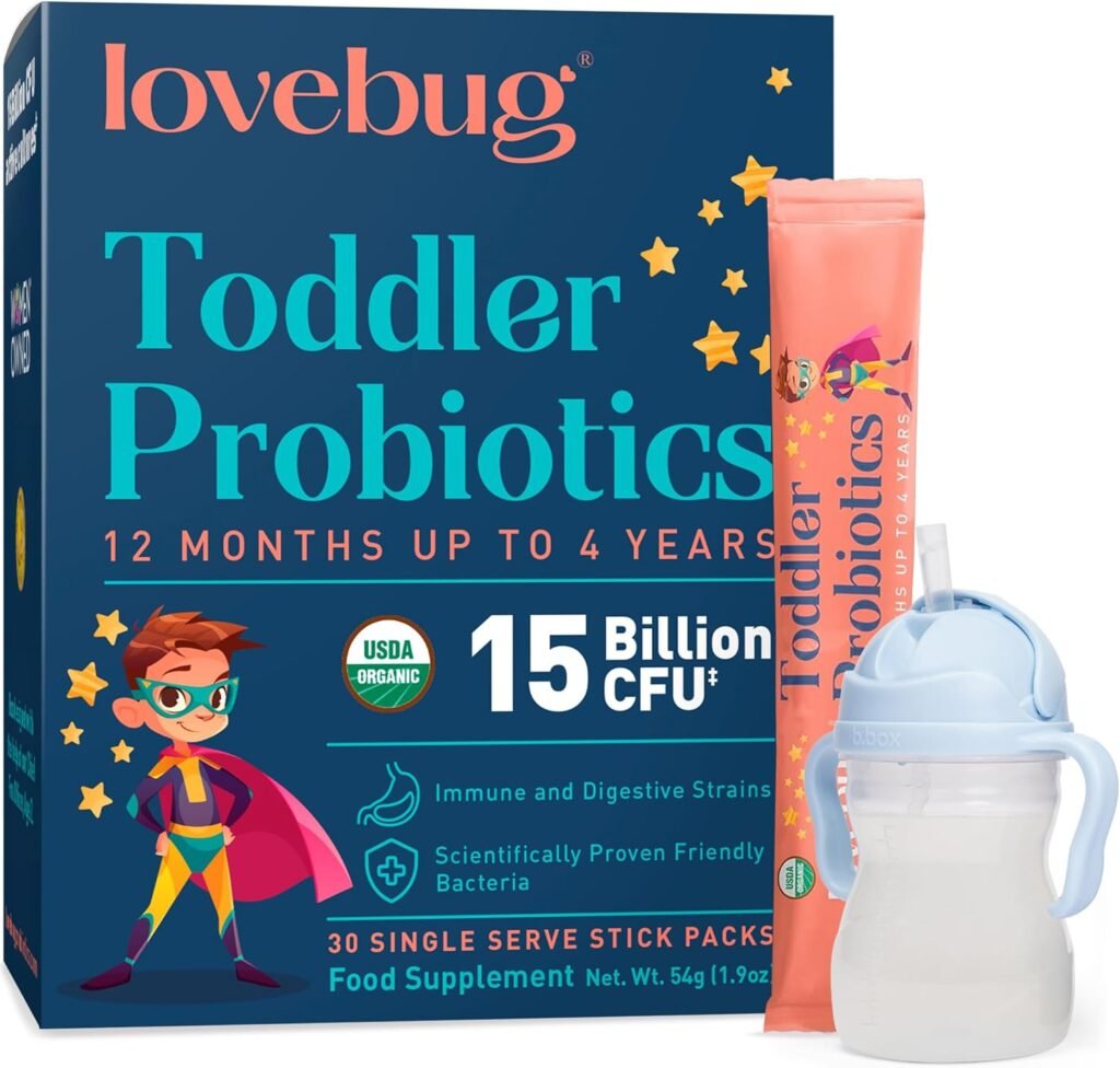 Lovebug Toddler Probiotics – Probiotic for Kids & Toddler Constipation Relief, Stomach Discomfort and Softer Bowel Movements, Clear Dissolvable Powder, Ages 12 Months to 4 Year Olds – 30 Pack