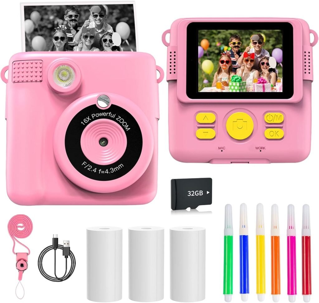 LuSeren Kids Camera for Girls Boys, Kids Instant Print Camera Toy, 1080P HD Kids Digital Camera with Photo Paper, 6 Colour Pens 32GB SD Card, Birthday Gifts for 3 4 5 6 7 8 9 10 11 12+ Year Old Girl