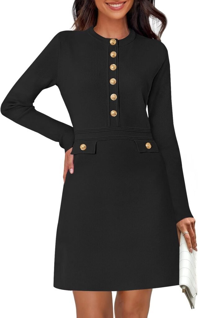 MEROKEETY Women’s Long Sleeve Bodycon Sweater Dress Button Crew Neck Elegant Formal Mini Dresses MEROKEETY Women’s Long Sleeve Bodycon Sweater Dress Button Crew Neck Elegant Formal Mini Dresses