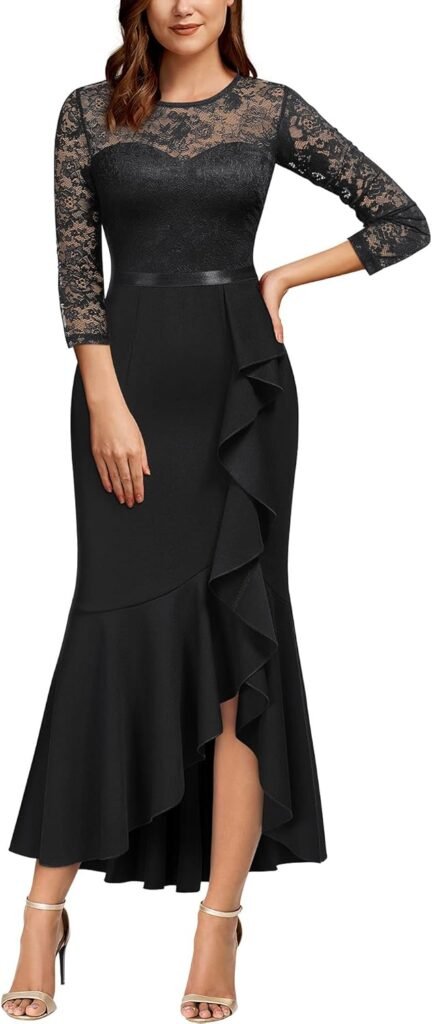 MISSMAY Women’s Vintage Lace 2/3 Sleeves Evening Party Bridesmaid Formal Long Dress
