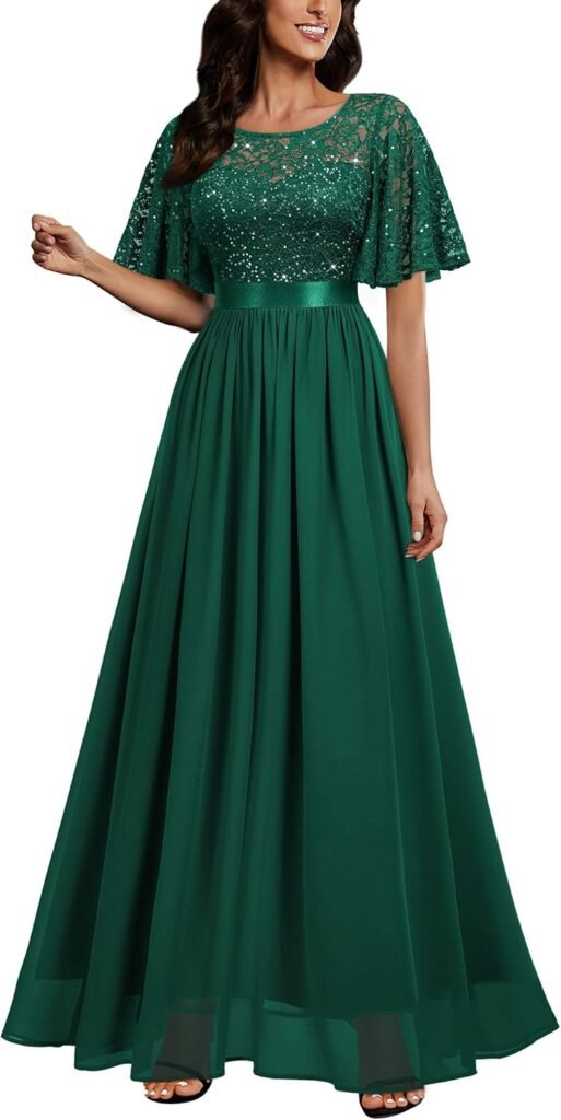 MIUSOL Women’s Elegant Flutter Sleeves Lace Sequin Prom Bridesmaids Party Gown Formal Maxi Dress MIUSOL Women’s Elegant Flutter Sleeves Lace Sequin Prom Bridesmaids Party Gown Formal Maxi Dress