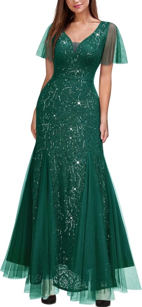 MIUSOL Women’s Elegant V-Neck Tulle Sequin Embroidered Prom Bridesmaids Party Gown Formal Long Dress